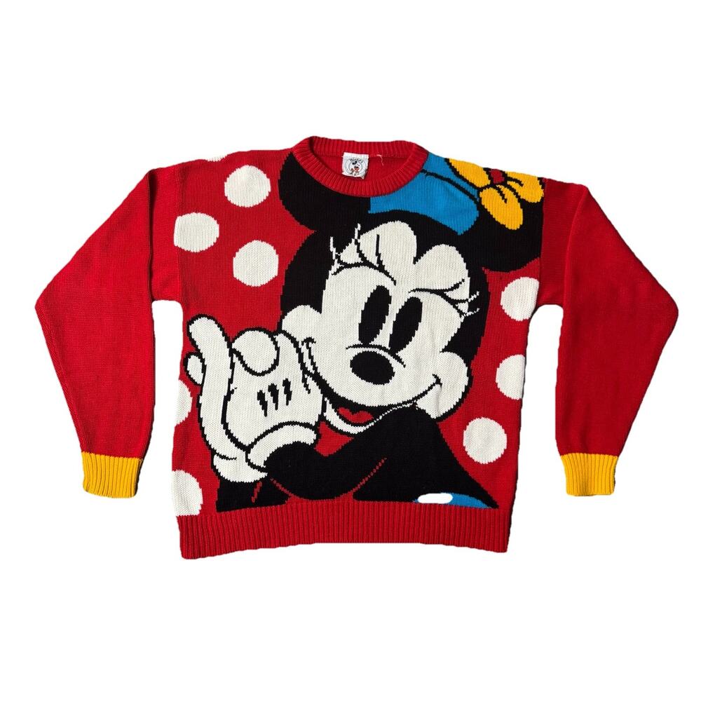 Vintage Minnie Mouse Big Face Sweater Women’s Large Red Mickey & Co Pullover